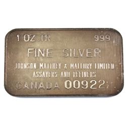 Scarce Johnson Matthey & Mallory - Canada 1oz Fine Silver Bar (TAX Exempt). Serial #009222.