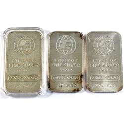 3x Vintage Engelhard Globe Logo 1oz Fine Silver Bars (TAX Exempt). Bars contain 3 different Globe Lo