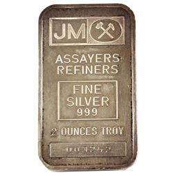 Johnson Matthey 2oz Fine Silver Bar with Triple Purity Line Stamping - blank reverse (TAX Exempt). S