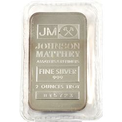 Johnson Matthey 2oz Fine Silver Bar with JM Logo Reverse (Tax Exempt). Serial #016723