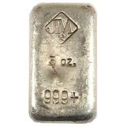 Scarce Johnson Matthey 5oz Fine Silver Hand Poured Bar (TAX Exempt). This bar contains the rounder '