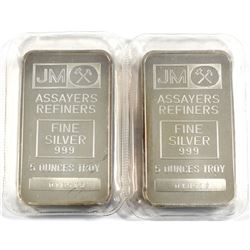 Consecutive Johnson Matthey 5oz Fine Silver Bar with Blank Reverse (TAX Exempt). Both bars come seal