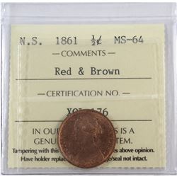 Nova Scotia 1/2-cent 1861 ICCS Certified MS-64 Red & Brown. A primarily red coin with sharp details.