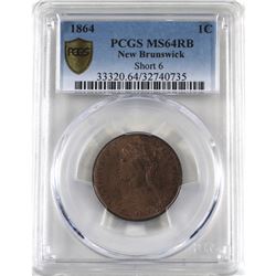 New Brunswick 1-cent 1864 Short 6 PCGS Certified MS-64 Red/Brown. A nice coin with strong strike det