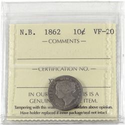 New Brunswick 10-cent 1862 ICCS Certified VF-20. An attractive mid-grade Key Date coin.