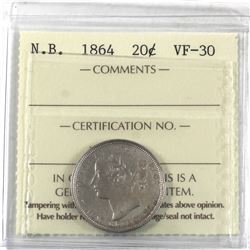 New Brunswick 20-cent 1864 ICCS Certified VF-30. A nice mid-grade coin