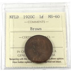 Newfoundland 1-cent 1920-C ICCS Certified MS-60 Brown. Light chocolate brown tones throughout. Rare