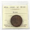 Image 1 : Newfoundland 1-cent 1920-C ICCS Certified MS-60 Brown. Light chocolate brown tones throughout. Rare
