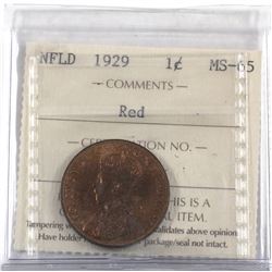 Newfoundland 1-cent 1929 ICCS Certified MS-65 Red. A nice even coin with original mint luster.