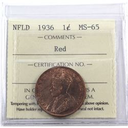 Newfoundland 1-cent 1936 ICCS Certified MS-65 RED. Deep Cherry red tones on lustrous fields.