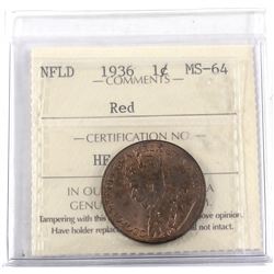 Newfoundland 1-cent 1936 ICCS Certified MS-64 RED. Nice deep red tones.