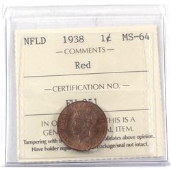 Newfoundland 1-cent 1938 ICCS Certified MS-64 RED!