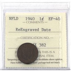 Newfoundland 1-cent 1940 Re-Engraved Date ICCS Certified EF-40.