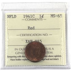 Newfoundland 1-cent 1941-C ICCS Certified MS-65 Red. An Attractive, well struck coin with eye catchi