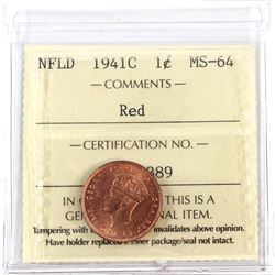 Newfoundland 1-cent 1941-C ICCS Certified MS-64 RED. A flashy coin with Natural red fields. Great ey