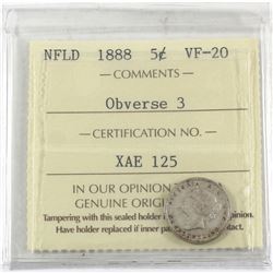 Newfoundland 5-cent 1888 Obv. 3, ICCS Certified VF-20. *Scarce Obverse*