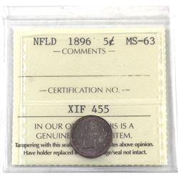 Newfoundland 5-cent 1896 ICCS Certified MS-63. Coin contains an even rose-toning with original mint