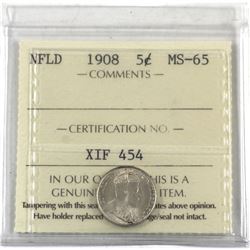 Newfoundland 5-cent 1908 ICCS Certified MS-65. A lustrous coin with hints of golden toning.