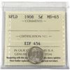 Image 1 : Newfoundland 5-cent 1908 ICCS Certified MS-65. A lustrous coin with hints of golden toning.