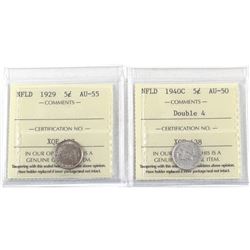 Newfoundland 5-cent 1929 ICCS Certified AU-55 & 5-cent 1940C Double 4 ICCS AU-50. 2pcs