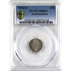 Newfoundland 5-cent 1942C PCGS Certified MS-65 +. A well struck coin with Bright lustrous centers.