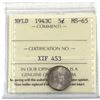 Image 1 : Newfoundland 5-cent 1943C ICCS Certified MS-65.