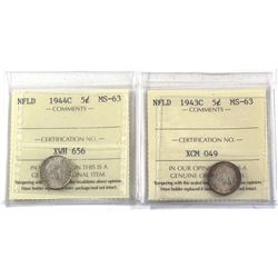 Newfoundland 5-cent 1943C & 1944C ICCS Certified MS-63. 2pcs