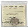 Image 1 : Newfoundland 10-cent 1938 ICCS Certified MS-64.