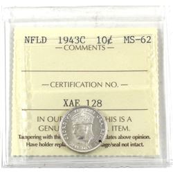 Newfoundland 10-cent 1943-C ICCS Certified MS-62! Bright flashy coin rare in Mint state grades!