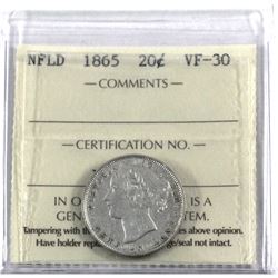 Newfoundland 20-cent 1865 ICCS Certified VF-30