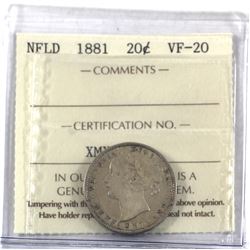 Newfoundland 20-cent 1881 ICCS Certified VF-20