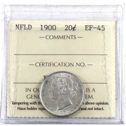 Newfoundland 20-cent 1900 ICCS Certified EF-45. Bright attractive coin with mint luster throughout t