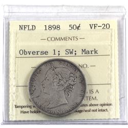 Newfoundland 50-cent 1898 Obverse 1, Short Waterline ICCS Certified VF-20 (mark)