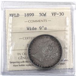 Newfoundland 50-cent 1899 Wide 9's ICCS Certified VF-30.