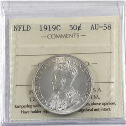 Newfoundland 50-cent 1919-C ICCS Certified AU-58! Blast White with eye appeal of a Brilliant Uncircu