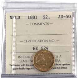 Newfoundland $2 1881 Gold ICCS Certified AU-50!
