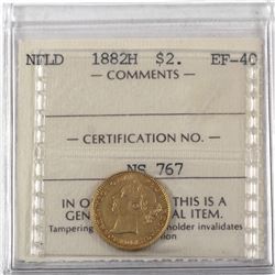 Newfoundland $2 1882-H Gold ICCS Certified EF-40. In old embossed 2 letter holder.
