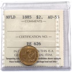 Newfoundland $2 1885 Gold ICCS Certified AU-55. Bright Lustrous coin with great strike details.