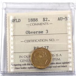 Newfoundland $2 1888 Obverse 3 Gold ICCS Certified AU-55!
