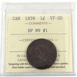 1-cent 1859 DP N9 #1 ICCS Certified VF-20. *Scarce Variety*