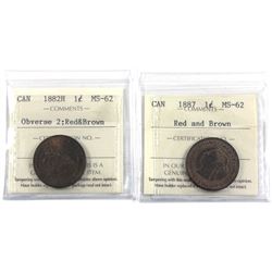1-cent 1882-H Obverse 2 & 1887 both ICCS Certified MS-62 RED & Brown. 2pcs