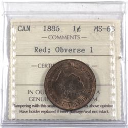 1-Cent 1886 Obverse 1 ICCS Certified MS-63 Red. A nice Mint State example of a scarcer variety.