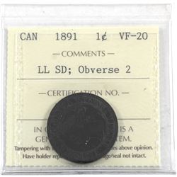 1-cent 1891 LL SD Obverse 2 ICCS Certified VF-20.