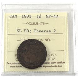 1-cent 1891 SL SD, Obverse 2 ICCS Certified EF-40