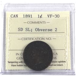1-cent 1891 SL SD, Obverse 2 ICCS Certified VF-30