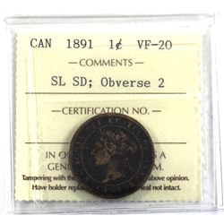 1-cent 1891 SL SD, Obverse 2 ICCS Certified VF-20