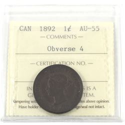 1-cent 1892 Obverse 4 ICCS Certified AU-55.
