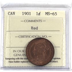 1-cent 1901 ICCS Certified MS-65 RED. A pristine last year issue of Queen Victoria.