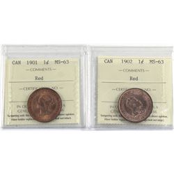 1-cent 1901 & 1902 ICCS Certified MS-63 RED! Attractive coins last year Victoria and First Year Edwa