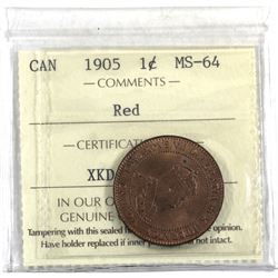 1-cent 1905 ICCS Certified MS-64 RED! A nearly full Red coin with soft satin fields and great strike